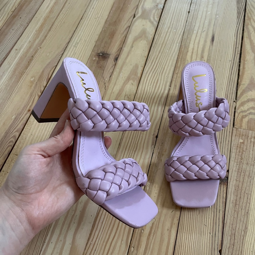 Lulus Lavender Purple Braided High Heel Slide Sandals Square Toe Block Heel 6.5‎